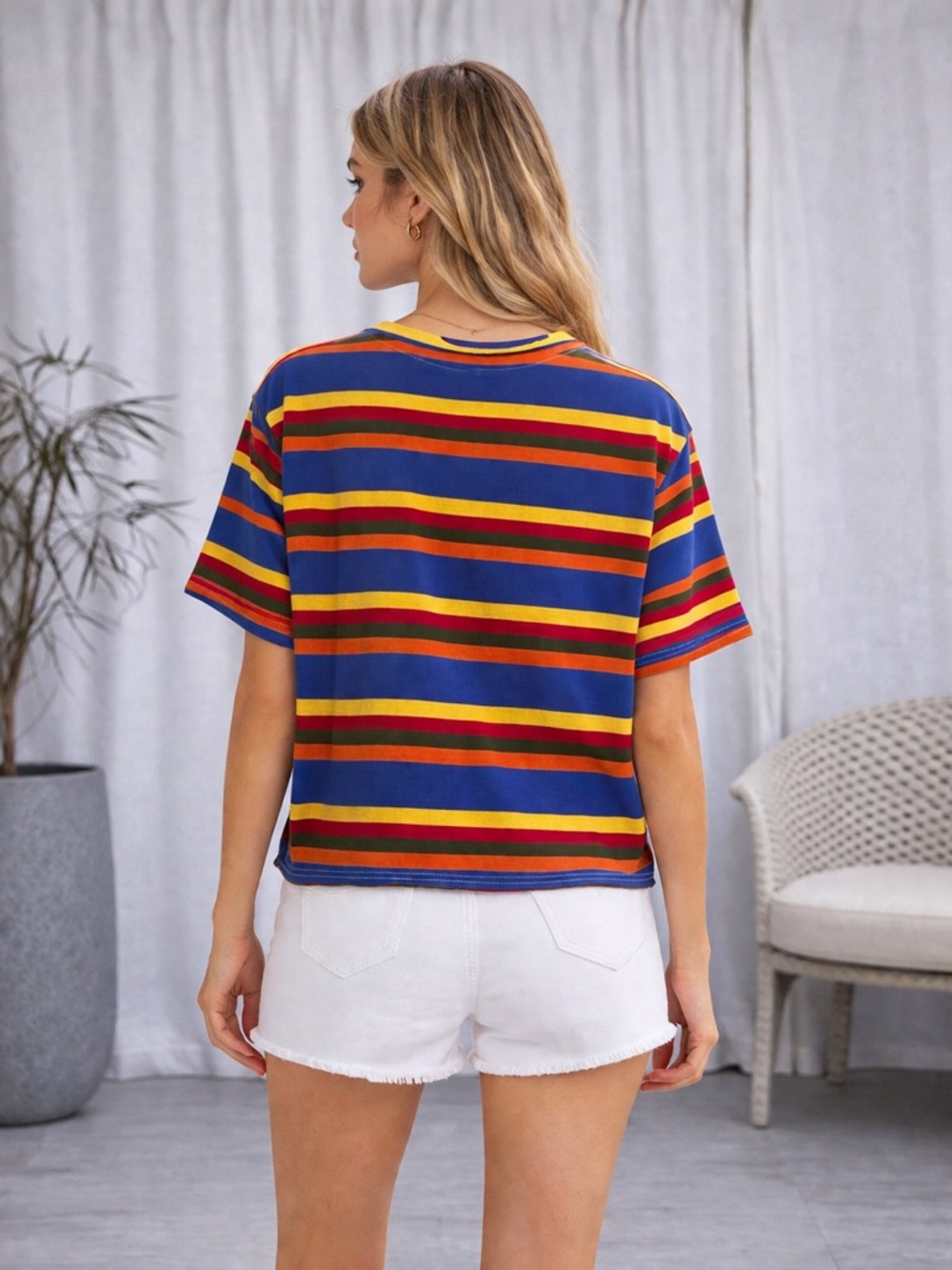 Guess Jeans USA Striped Graphic Tee Blue Multicolor Logo T Shirt | Size M - Picture 3 of 10